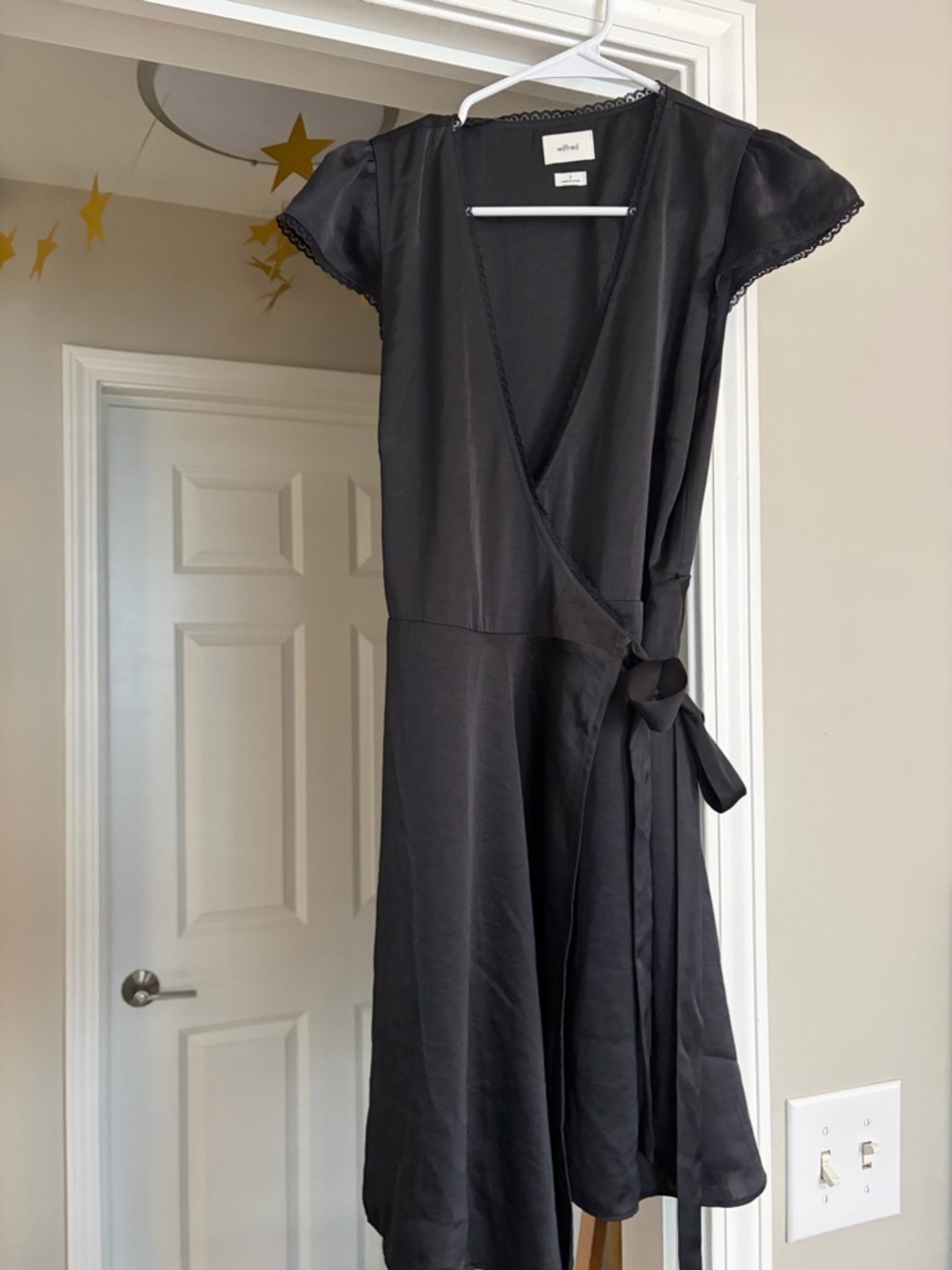Aritzia Wilfred Black Asymmetrical Wrap Dress with Lace Trim